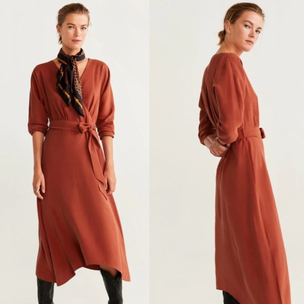 Mango Rust Long Sleeve Wrap Midi Dress